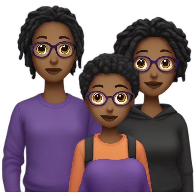 young Black digital creator with glasses and black locs and purple sweatshirt holding two black women emoji