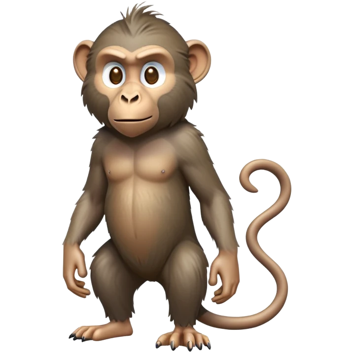 cinematic-hairy baboon-full-body-standing on all fours-emoji,-head-tilted-dramatically,-thick-grey-and-brown-fur,-simplified-yet-realistic-focused-features,-highly-detailed,-glowing-with-an-almost-sarcastic-glow expressive eyes, his top half covered in hair emoji