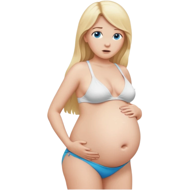 White girl, long blonde hair, blue eyes, huge pregnant belly, full body, white bikini, scared expression, looking at belly. emoji