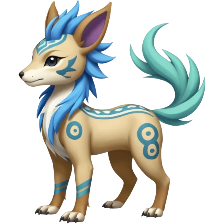 Tropical Tiny Marked Patterned Tribal Colorful Skilled Adept Graceful Asian Painted WereGarurumon-Suicune-Linoone-Meloetta-fusion-hybrid-creature (full body) emoji