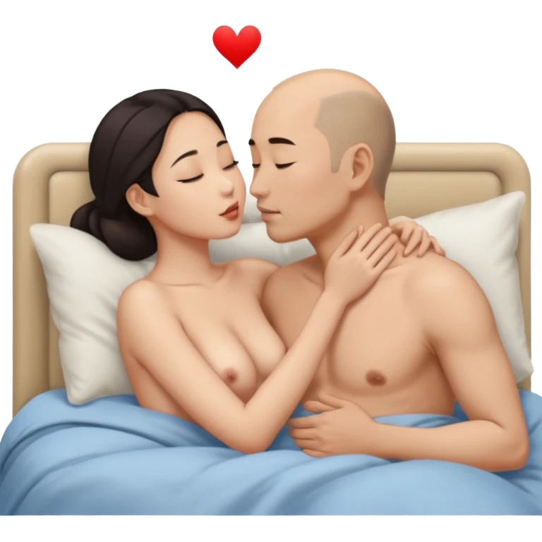 slightly balding asian man and asian woman naked in bed kissing hard emoji