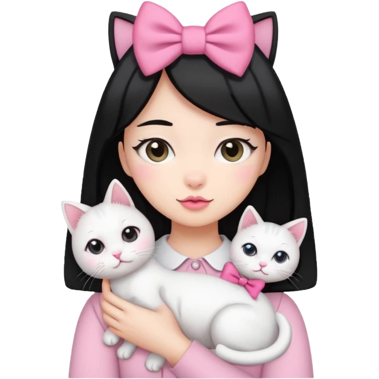 A gurl black hair with pink bow holding one white cat emoji