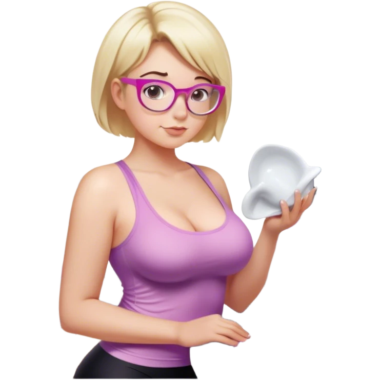 Seductive, Curvy fair skinned woman, short blond hair, small light purple reading glasses, washing dishes, SFW sheer pink tank top, without undergarments showing natural breast shape SFW, black yoga pants, thick booty emoji