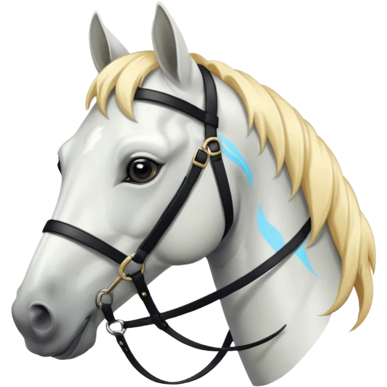 This is a cartoon-style image of a white horse with a light blond mane, wearing a black bridle, and shown in profile with a calm expression. emoji