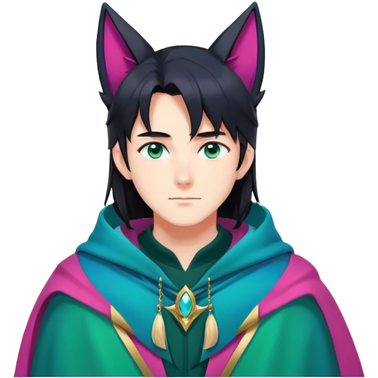 anime man with long-straight-dark-black hair, long black fox ears with pink Scapha, colorful-gradient-brown-turquoise eyes, gold earring, dark-blue-sweater, green cape,  emoji