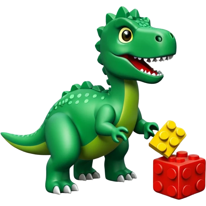 A green dinosaur playing with LEGO emoji