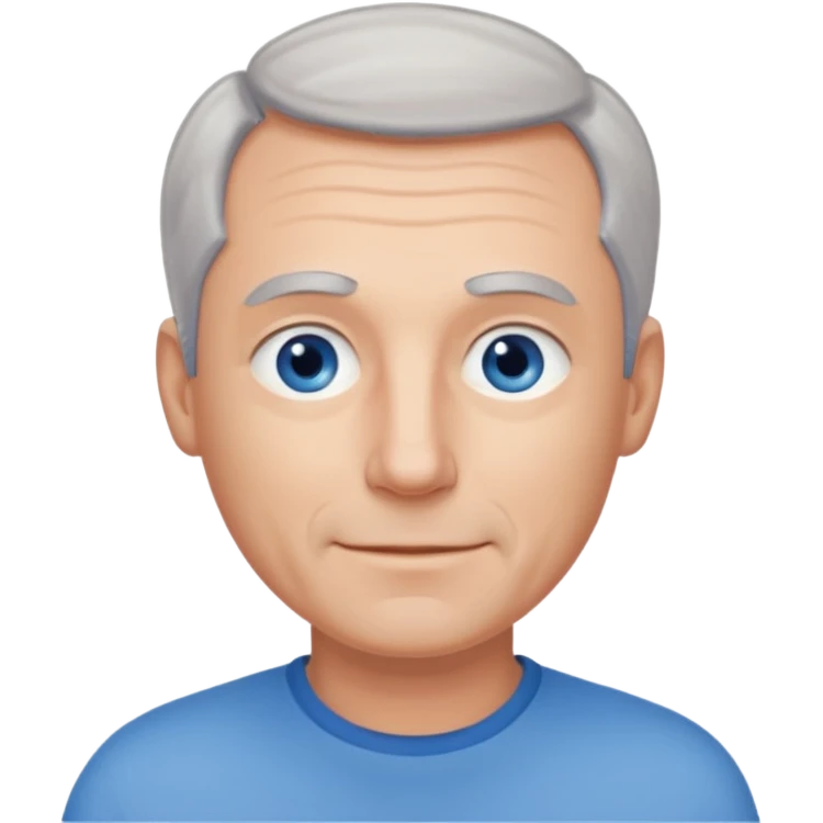 Middle aged man with receding grey hair and no beard, blue eyes, shy smile emoji