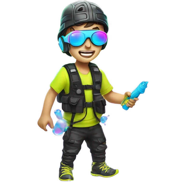 Caucasian boy in glowing rave outfit with mask, sunglasses, and headgear, firing hundreds of bubbles out of a water gun emoji
