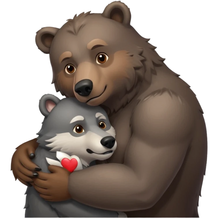 A beefy brown bear cuddling a grey wolf. Both of them are males and in love.  emoji