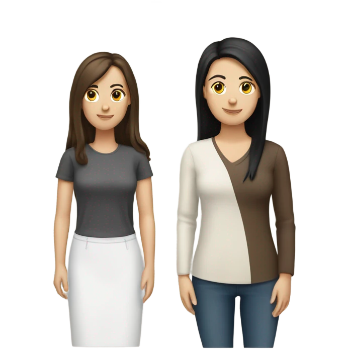 two caucassian woman with brown hair standing next to each other. One has black hair the other one has brown hair and is slightly shorter then the woman with black hair emoji