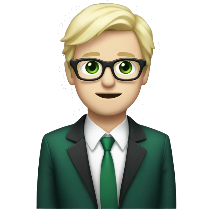 Show me a cold blue eyed dude with blonde hair, white glasses, pale white skin and a very very dark green suit that looks like it's black that also contains a green cross in it emoji