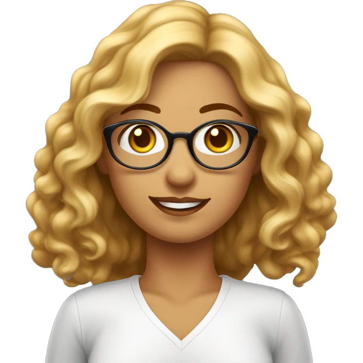 Mulher de pele branca, olhos cor de mel, cabelo ondulado de cor castanho, usando óculos redondos de cor dourada emoji