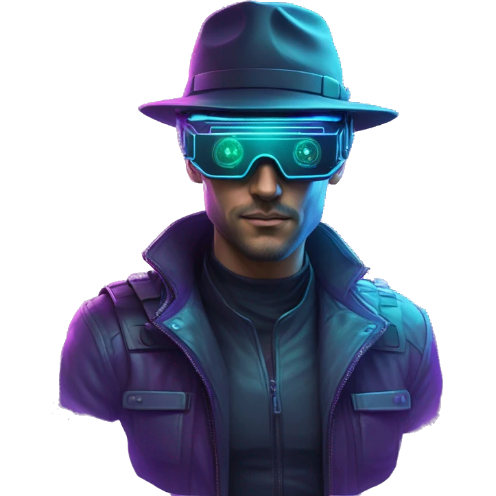 Secret human agent in a hat with  cyberpunk elements in VR googles scanning looking reviewing multicolor lines of code, cyan and purple colors, only upper body portrait emoji