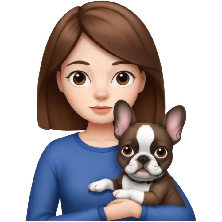 Make a girl with brown hair hold a white and black French bulldog emoji