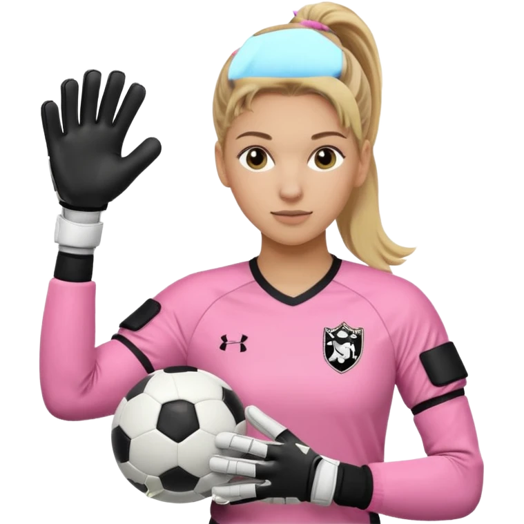 Make a dirty blonde football goalkeeper with goalkeeper gloves on. light skinned and wearing a light pink football kit. Wearing one ponytail on back of head. Make it without the whole body. With full sleeves. No RUGBY BALl.  BLACK AND WHITE BALL.  Holding the ball regularly emoji