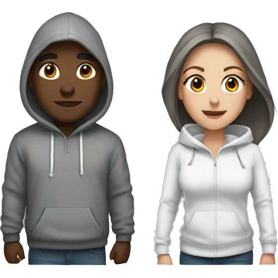 Black man and white girl couple in grey hoodies with hoods  emoji
