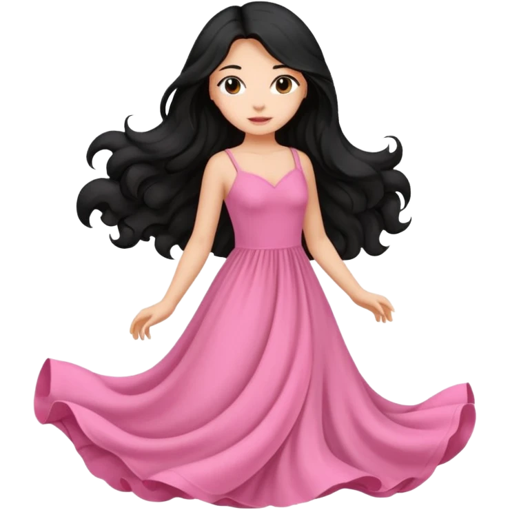 Uma menina com vestido longo rosa e cabelo longo preto ondulado emoji
