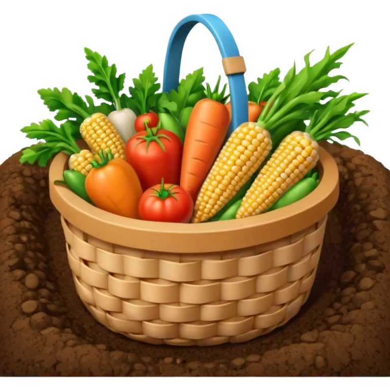 A 3D cartoon basket filled with fresh farm produce like carrots, tomatoes, and corn, placed on soil ground, soft natural lighting, Memoji-style texture. emoji