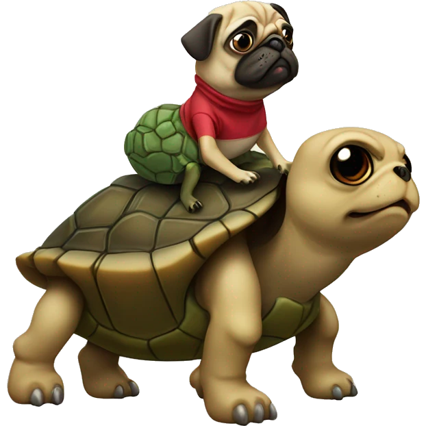 A normal pug riding on top of a normal turtle. emoji