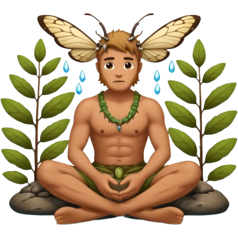 full body tan skin druid man sitting in stream, back muscles wet, moth swarm emoji