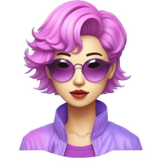 a short-haired Taiwanese lesbian as a designer with vaporwave style, without makeup, with earings, sunglasses with vaporwave image on it. emoji