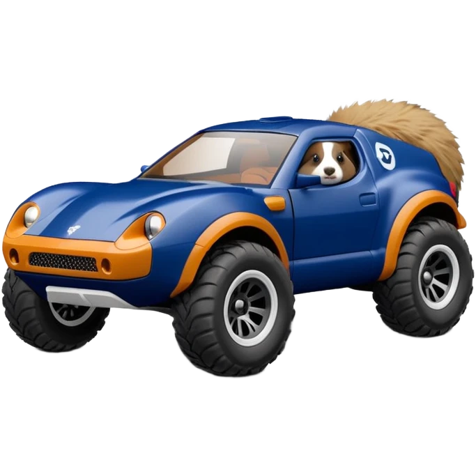 Side view of Midnight blue Local Motors Rally Fighter off road rc car driven by a Guinea pig  emoji