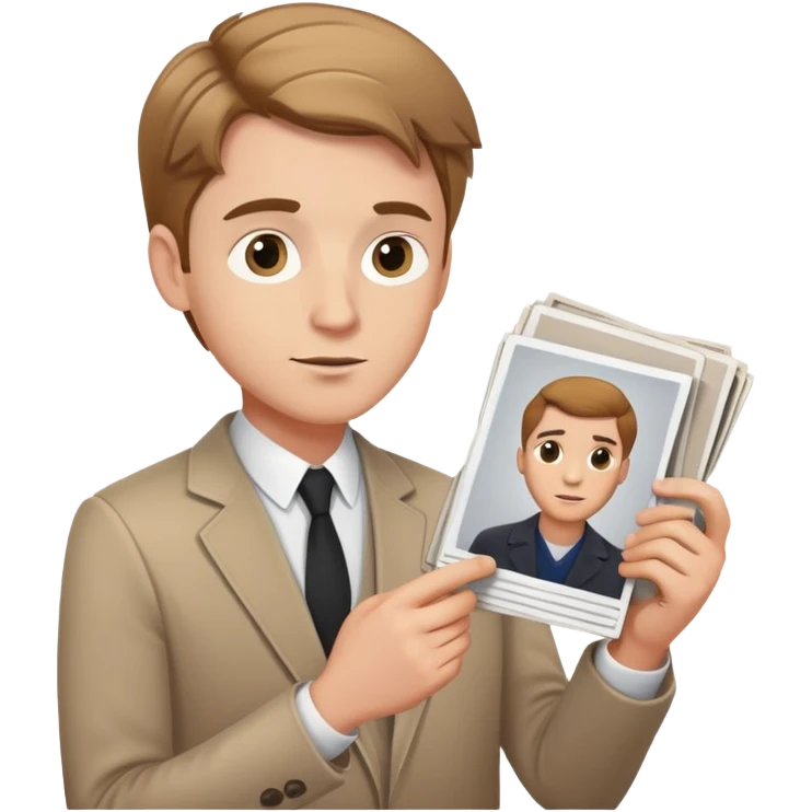 white male journalist with light brown hair, holding photos, examining pictures, curious look emoji