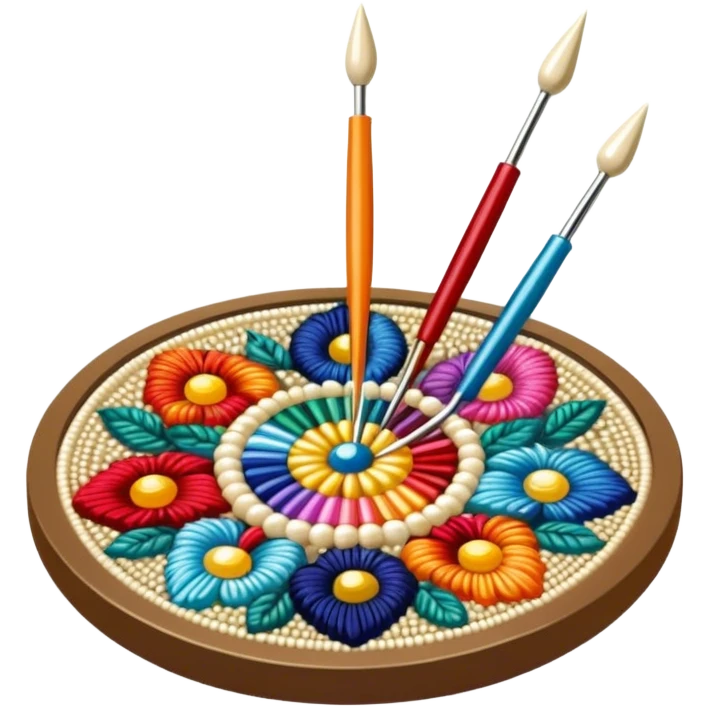 Create a harmonious and well-composed icon that represents the hobby of beadwork. The design should feature colorful beads, thread, and a beading needle or tool in a balanced arrangement. The elements should flow naturally, reflecting the creativity and precision of the craft. Ensure the composition is clean and aesthetically pleasing, with vibrant yet balanced colors. The background should be transparent. emoji