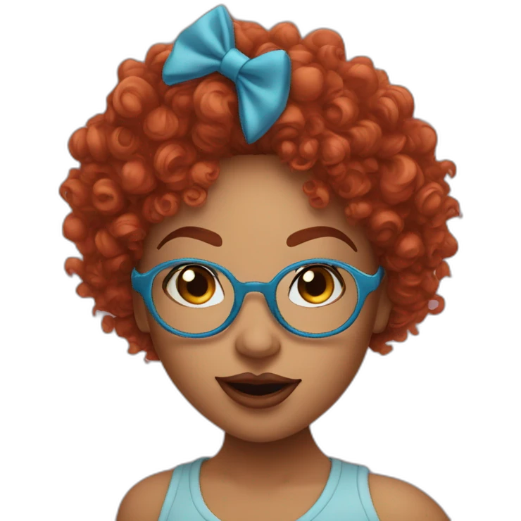 a curvy girl with curly red hair and blue glasses blowing a kiss emoji
