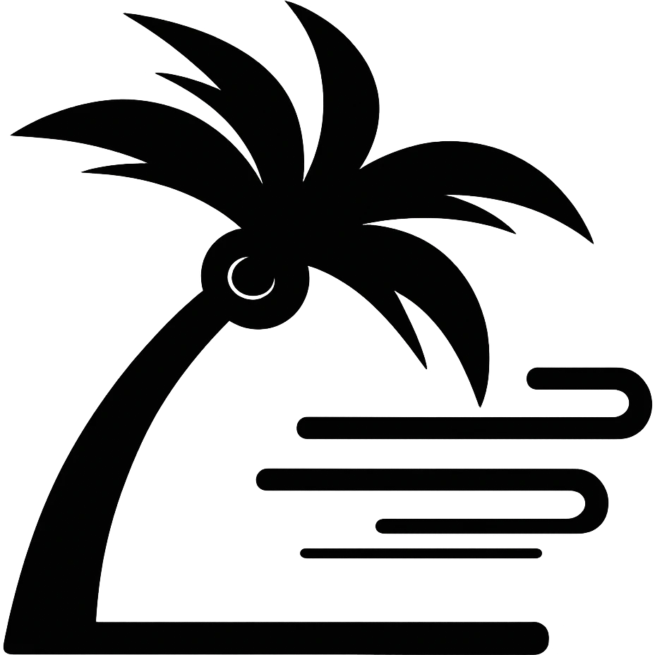 Make the minimalist palm tree in heavy wind more dramatic: trunk and leaves at extreme angles, bold motion lines, keep the background transparent. Style: minimalist palm tree in heavy wind with bold motion lines and extreme angles. emoji