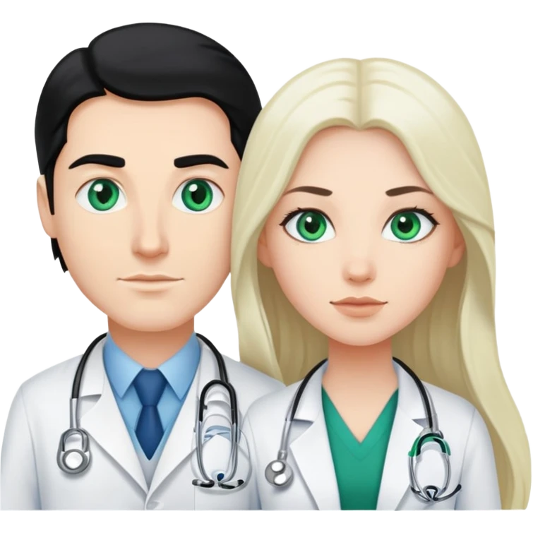 White guy with blue eyes and white girl with long black hair and green eyes. Doctors emoji