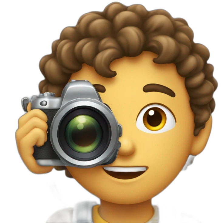 niño 12 años con pelo rizado sosteniendo una camara de fotos con microfono emoji