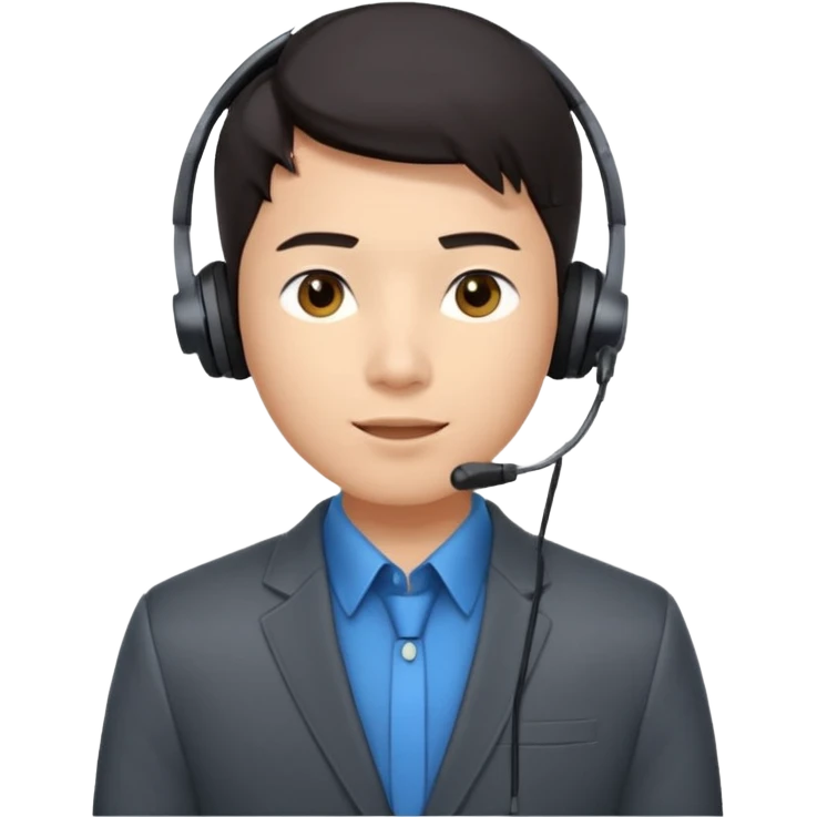 A young Asian man with smooth light skin, dark hair that swoops upward in the front, expressive eyes, a clean-shaven face, and a call-center style headset over one ear, usually paired with a crisp shirt and suit jacket visible from the chest up. emoji