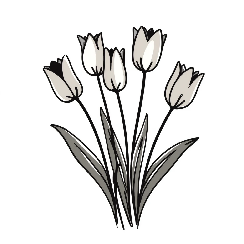 Bouquet of tulips with stems and leaves. Using specific pastel colors (dd9fb0, ffc6d3, a3bfc9, c4bee2, f1b091). Hand-drawn doodle style with delicate flower details. Multiple tulip blossoms in different stages of opening. Elegant floral design with transparent background. emoji