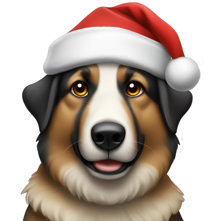 An Australisn Shepherd wearing a Santa Hat emoji