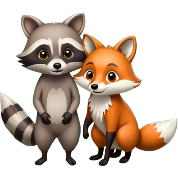 Collage of a raccoon and a fox, in close-up, set in a beautiful forest with tall trees, green bushes, and sunlight filtering through the leaves and flowers. A vibrant, wild atmosphere with a transparent background. emoji