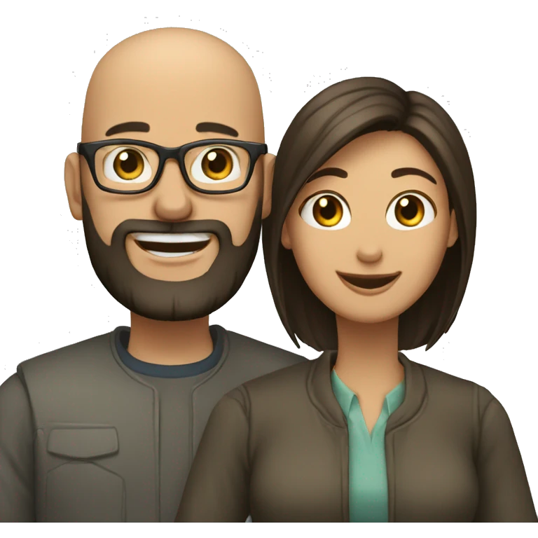 a couple, a man is bald and wearing glasses and beard. The woman has  dark, long  hair and smiling showing teeth. The woman is not wearing glasses. emoji