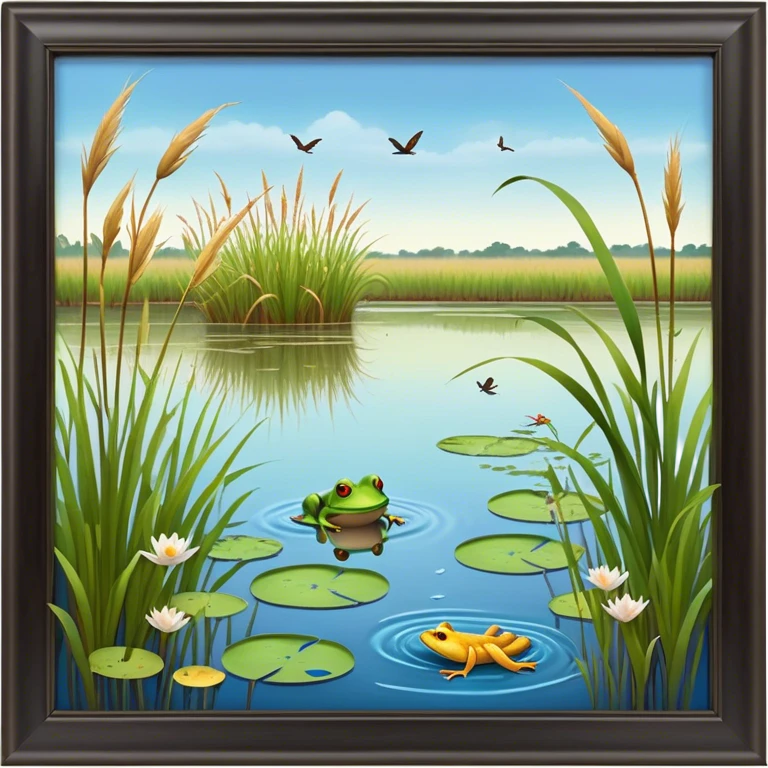 Cinematic Realistic Wetlands Emoji in a wooden frame, Peaceful and serene, with tall grasses swaying in the breeze and soft, muddy waters reflecting the sky above. Small birds and insects flit among the reeds while lily pads float lazily across the surface, punctuated by the occasional croak of a frog or splash of a fish. Soft glowing outline, capturing the essence of a calm, tranquil wetland brimming with life and natural beauty. emoji