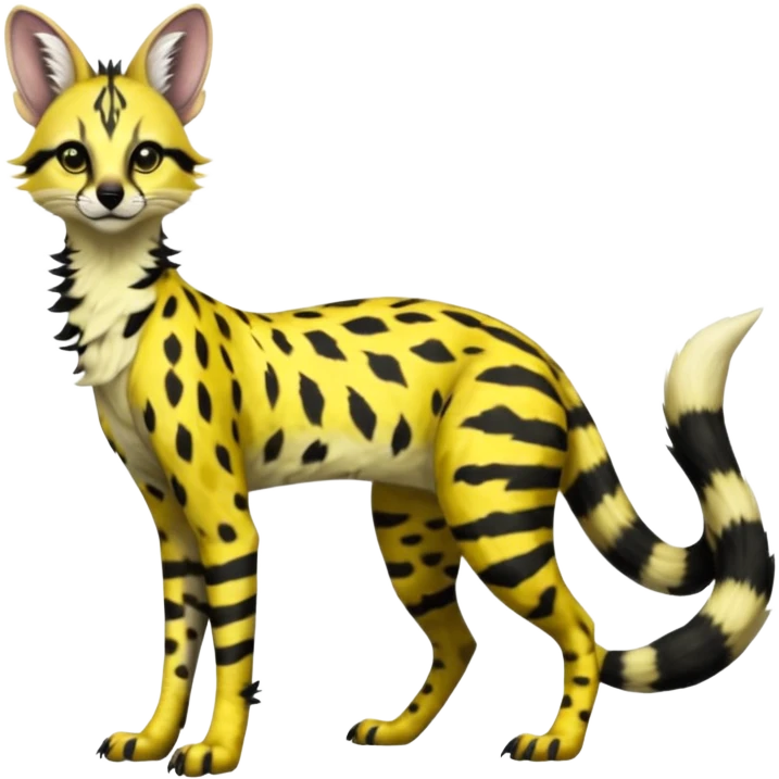 Edgy cool beautiful elegant spotted hype-realistic, black-maned, vibrant yellow Genet-Serval-Sergal-Margay-Fox-fusion-hybrid-furry-fursona, tall long body, long muzzle snout, full body, with a long puffy fluffy black-and-white-striped tail, black long big ears, with natural blue eyes emoji