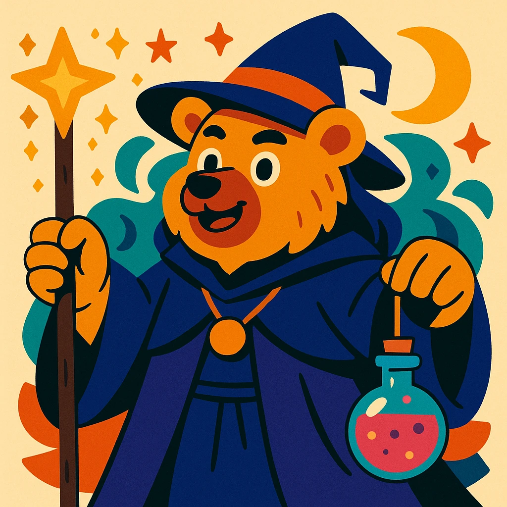 a person transformed into a bear, dressed as a witch, with a pointed hat and magical accessories, creative style emoji
