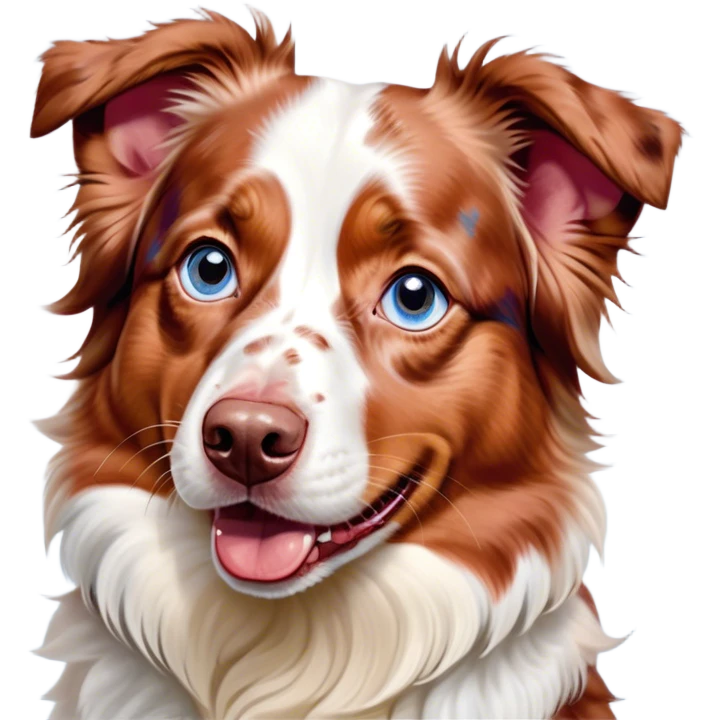 Cinematic Comical Predominantly White Red Merle Australian Shepherd Portrait Emoji, Head tilted dramatically with an exaggeratedly shocked or offended expression, predominantly white fur with distinctive red merle patches, wide, expressive blue eyes filled with exaggerated disbelief, Simplified yet hilariously expressive features, highly detailed, glowing with a slightly sassy glow, high shine, dramatic yet playful, stylized with an air of attitude, bright and endearing, soft glowing outline, capturing the essence of a sassy and over-the-top pup, so meme-worthy it feels like it could side-eye its way into internet fame instantly! emoji