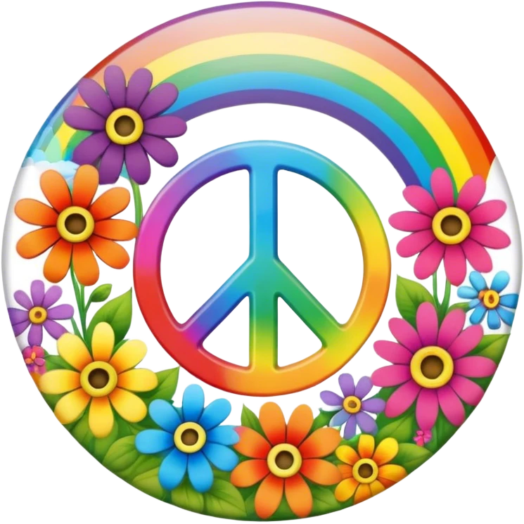 A round psychedelic colored button with the word Peace in the center surrounded by rainbow colored hippie style flowers emoji