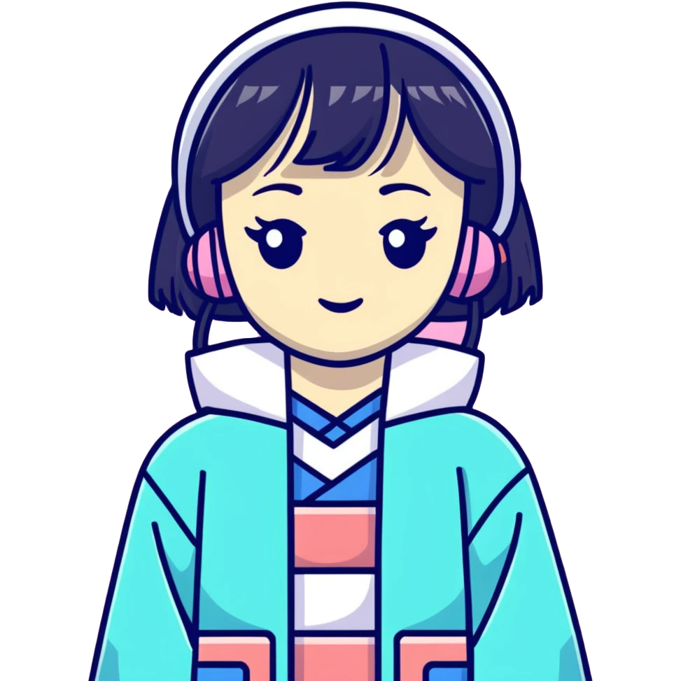 Vaporwave aesthetic Japanese girl with geometric background, retro 80s style, pastel colors, Japanese kanji text, digital sunset, nostalgic elements emoji