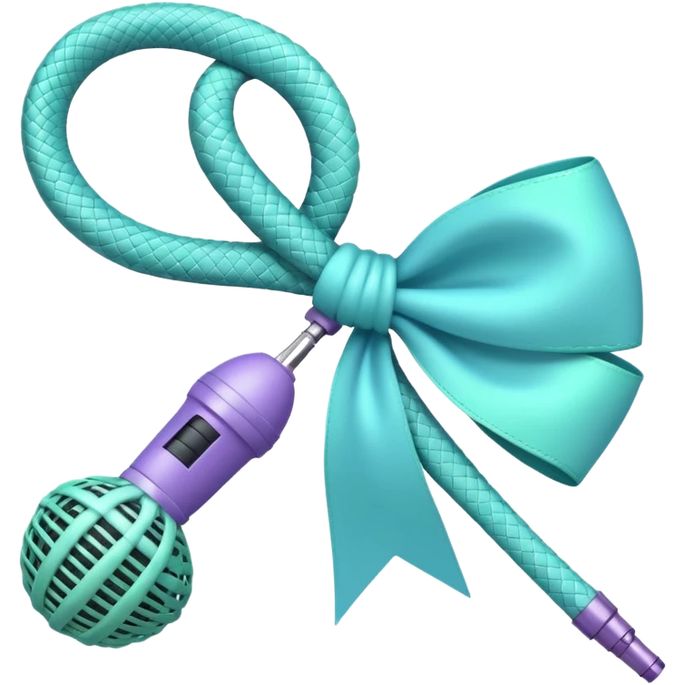 A pastel blue bow with a pastel a pastel green snake at the top of one side and a pastel purple microphone on the bottom of the other side of the bow emoji