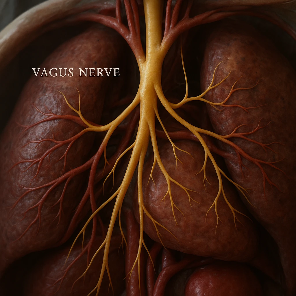 vagus nerve branching in the thorax, hyper realistic 4K style, anatomical details, scientific atmosphere emoji