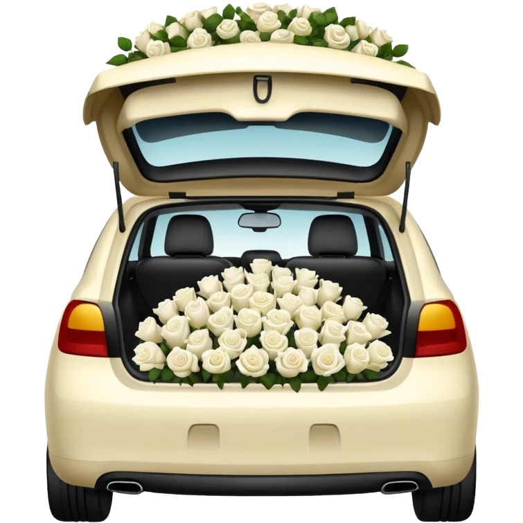car with trunk open, overflowing with white roses, emoji style emoji