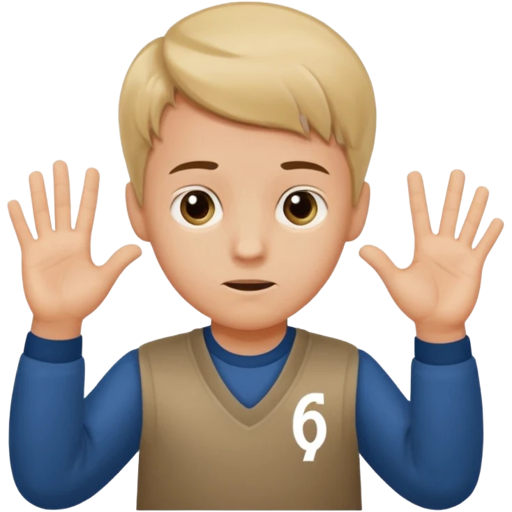 A boy shrugging with the number 6 over one hand and the number 7 over the other  emoji