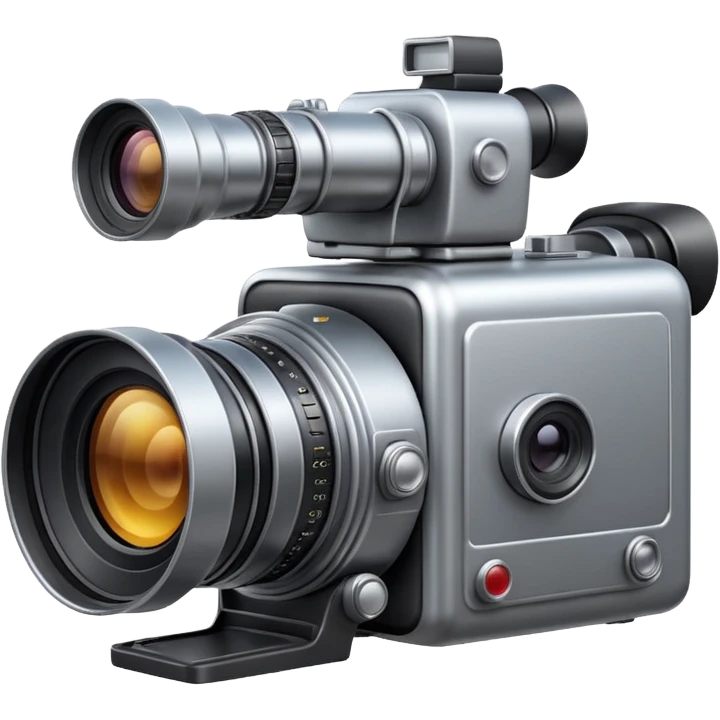 Minimal emoji icon of a huge cinematic metalic camera, front view, realistic lens, no gold emoji