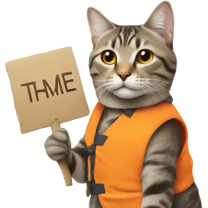 cat with a sign and an orange vest emoji