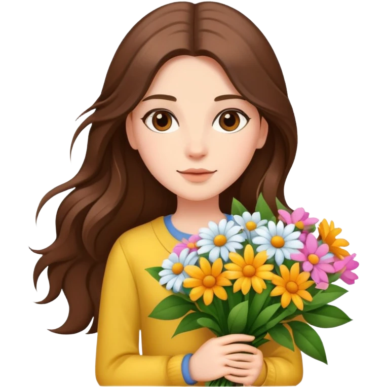 cool girl with long brown hair and fair skin holding a bouquet of flowers, trendy emoji